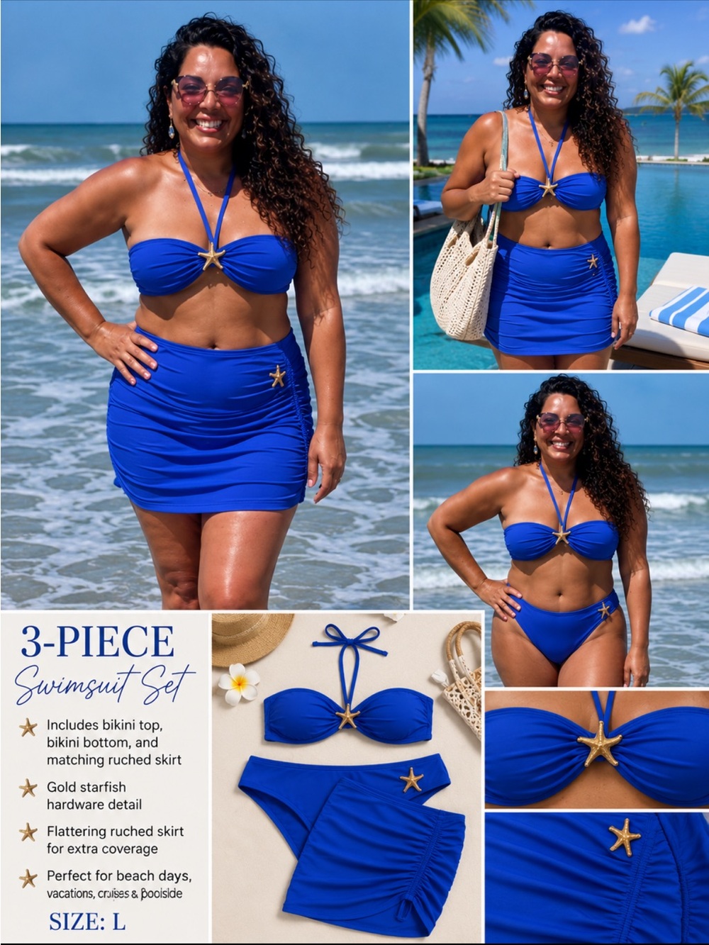 Blue 3-Piece Women's Swim Set with Starfish Detail - Brand: